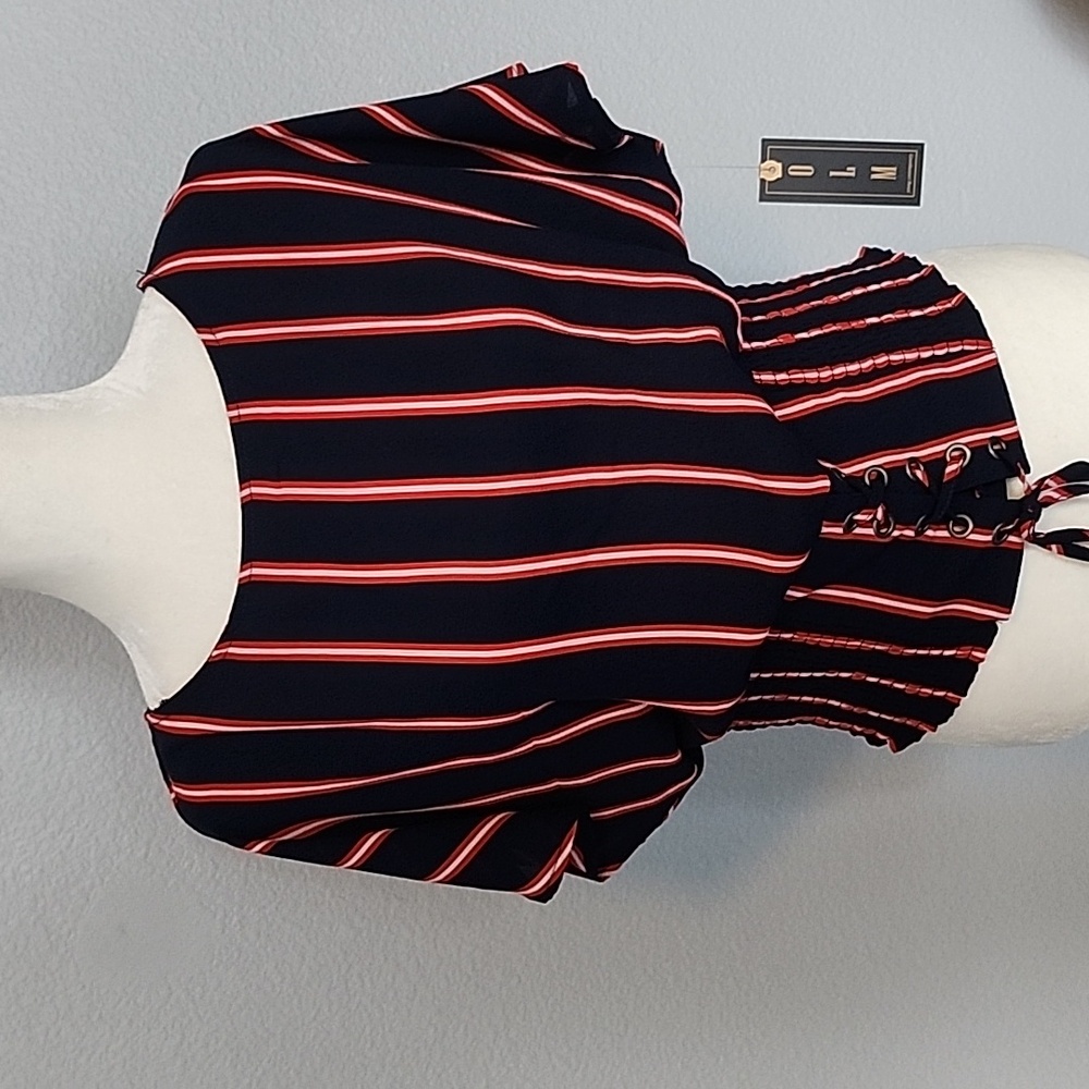 OLM Navy and Red Striped Blouse Elactic Waist w/Corset Detail Women's Size Med